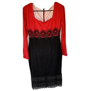 Bodycon Stretchy Dress Sz M Red Black Lace Detail Sexy Date Night Out Womens